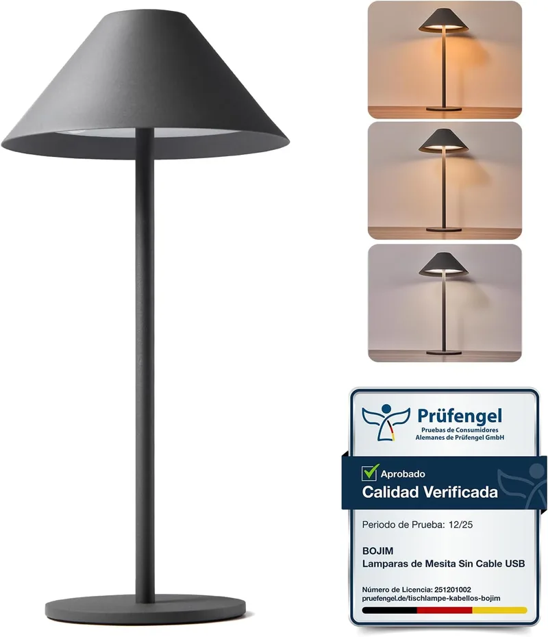 Bojim ▫️ Candeeiros de mesa de cabeceira sem fios, candeeiros LED recarregáveis USB sem fios, candeeiros de mesa alimentados por bateria, castiçal portátil para interior e exterior, IP54, metal, cinzento