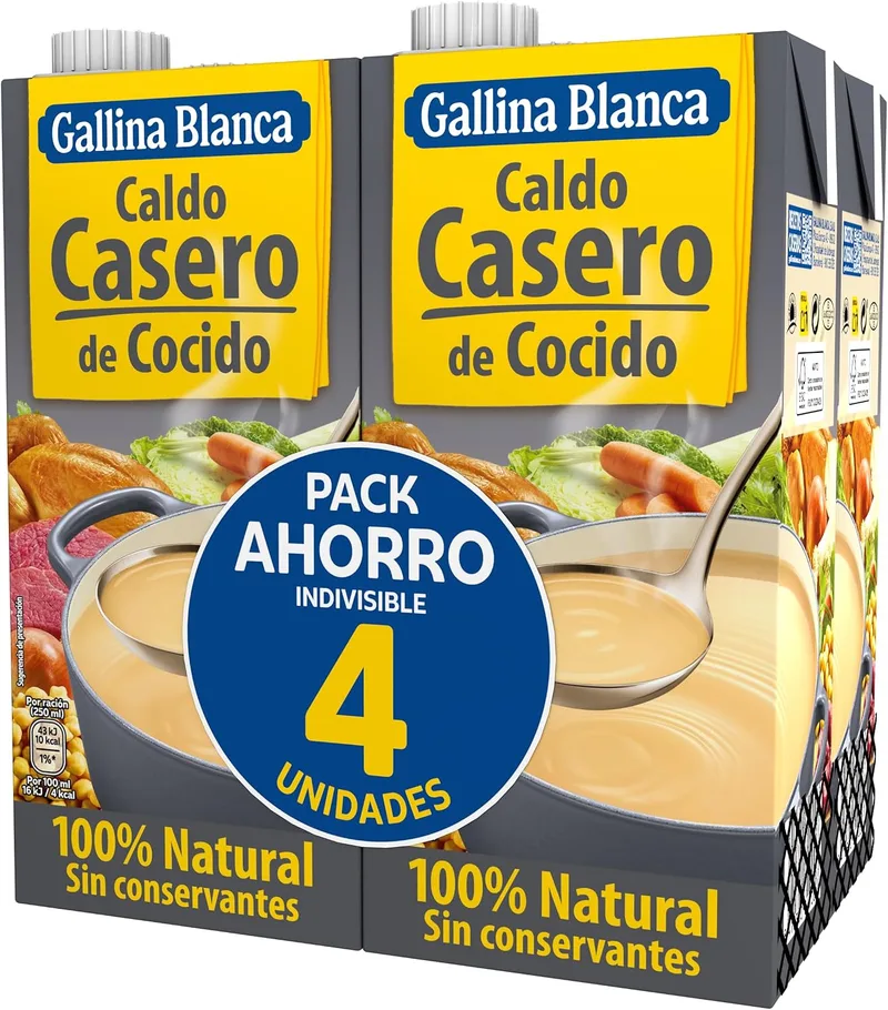 Gallina Blanca ▫️ Caldo Caseiro de Cocido, 100% Natural, 1 L (Embalagem de 4) | Sem conservantes, sem glúten e com baixo teor de gordura