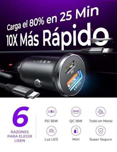 LISEN ▫️ Carregador para carro com carregamento rápido, tomada do isqueiro, USB-C, 69 W + 60 W, cabo, acessórios 3