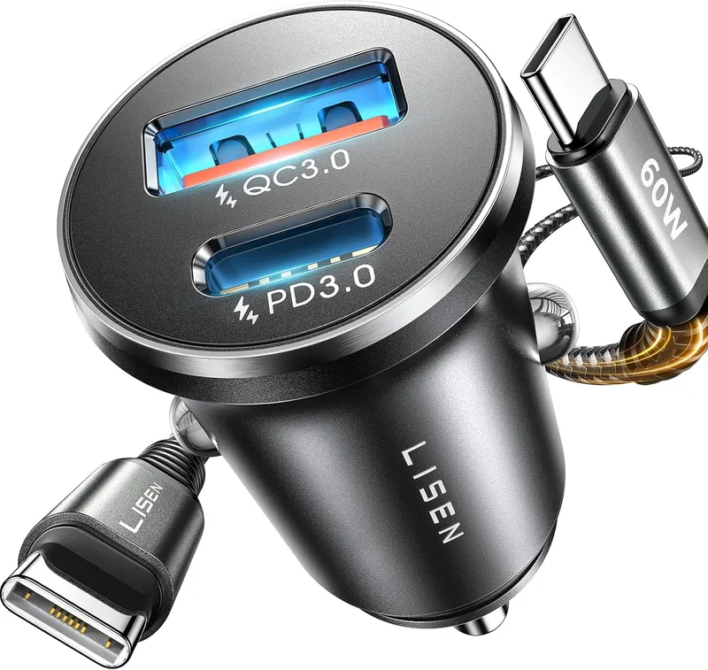 LISEN ▫️ Carregador para carro com carregamento rápido, tomada do isqueiro, USB-C, 69 W + 60 W, cabo, acessórios