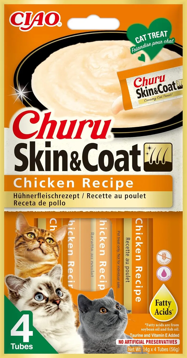 INABA ▫️ Churu Skin & Coat - Puré de frango para gatos - Ómega 3 e 6 e taurina - Snacks para gatos, textura cremosa - Ração para gatos, pele e pêlo - 48 tubos de 14 g