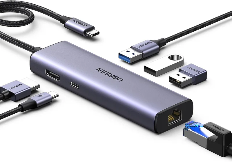 UGREEN ▫️ Revodok 1061 Hub USB-C 6 em 1 Adaptador Ethernet Gigabit | HDMI 4K, RJ45 1000 Mbps, PD 100 W Carregamento Rápido, 3 USB 5 Gbps, Compatível com MacBook Pro, Air, Neo, Tablet e Steam Deck