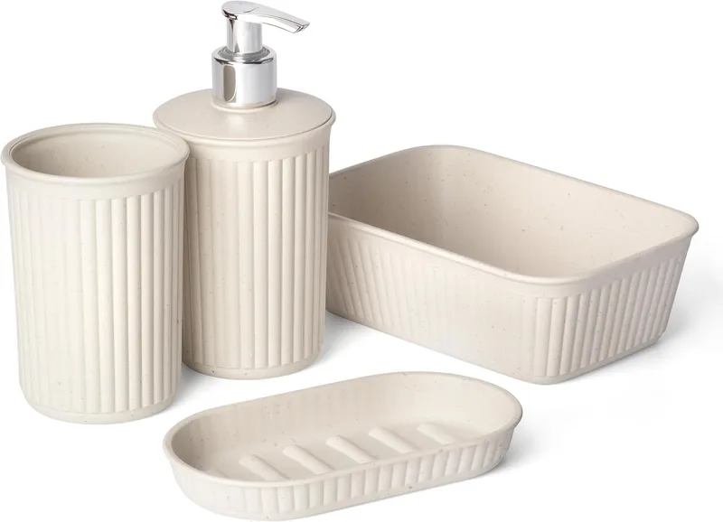 Tatay ▫️ Conjunto de 4 peças de bancada de casa de banho (copo + dispensador de sabão + saboneteira + organizador A6) Baobab ECOHOME, polipropileno, sem BPA, 100% plástico reciclado, bege