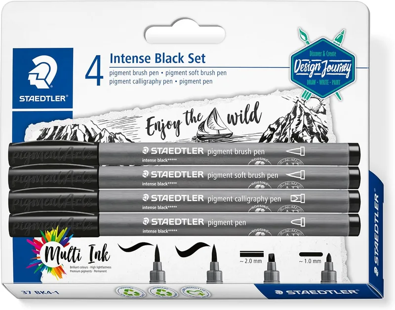 STAEDTLER ▫️ Conjunto de canetas de pigmento preto intenso, canetas de vários tipos, caneta de ponta macia, caneta de caligrafia e canetas de ponta revestida, cor preta intensa, à prova de água, 4 canetas em blister, 37 BK4-1