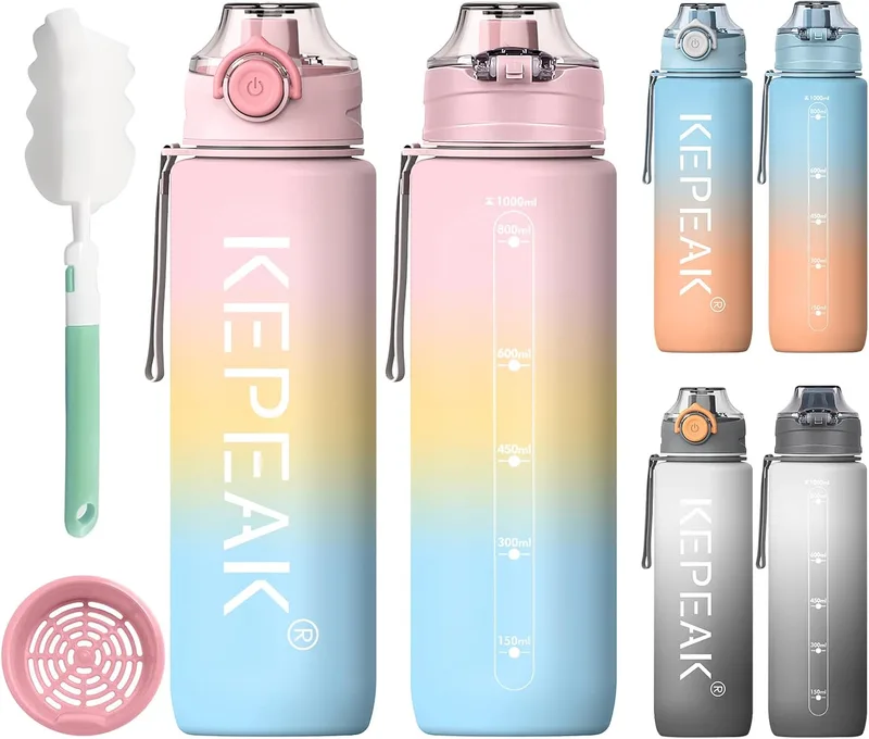 KEPEAK ▫️ Garrafa de Água, Garrafa de Água para o Ginásio de 1 L com Coador, Garrafa para Bicicleta sem BPA, Reutilizável com Vedação em Silicone, Garrafa de Água Desportiva Resistente para o Escritório, a Escola e o Ar Livre
