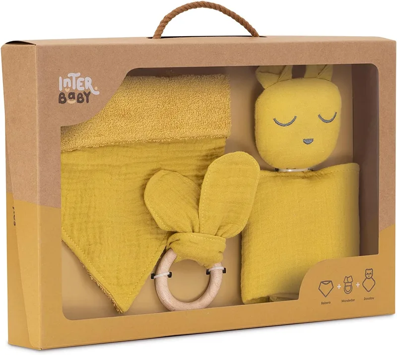 Interbaby ▫️ Conjunto bebé: Doudou, lenço, brinquedo para a boca Urso ocre