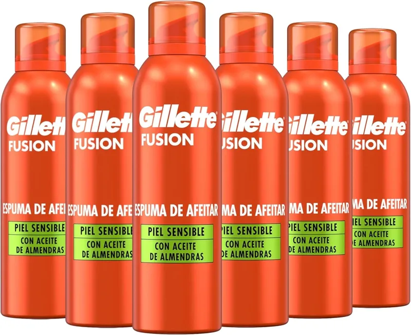 Gillette ▫️ Espuma de barbear Fusion Men's com óleo de amêndoas, para peles sensíveis, limpa, hidrata, protege, refresca e acalma, ajuda a proteger contra irritações, 250 ml x6