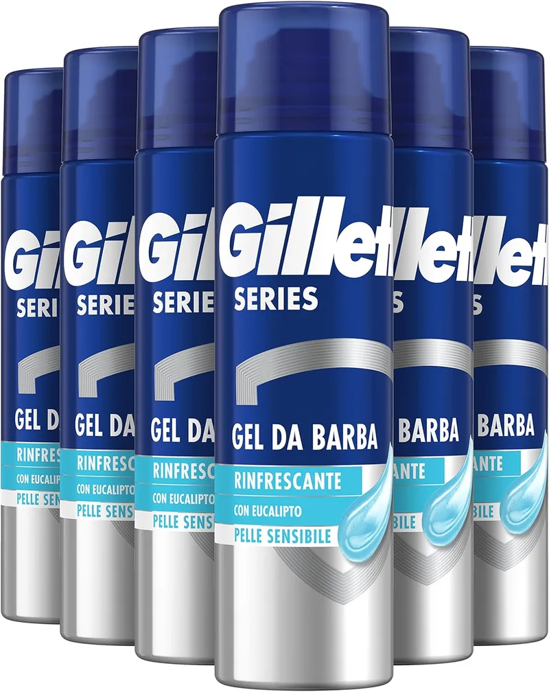 Gillette ▫️ Series Gel de Barbear Refrescante com Eucalipto para Homem, Pele Sensível, Contra Cortes, Ardor, Comichão, Vermelhidão e Sensação de Puxão, 200 ml x 6