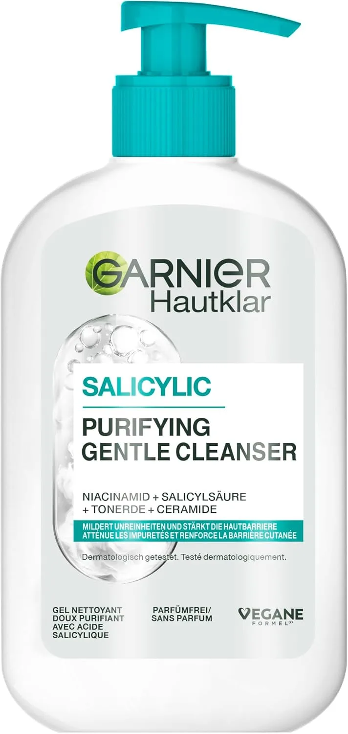 Garnier ▫️ Clear Facial Cleanser para eliminar as impurezas, a oleosidade e a maquilhagem, com ácido hialurónico, ceramida e argila, desmaquilhante hidratante e profundo, 1 x 250 ml