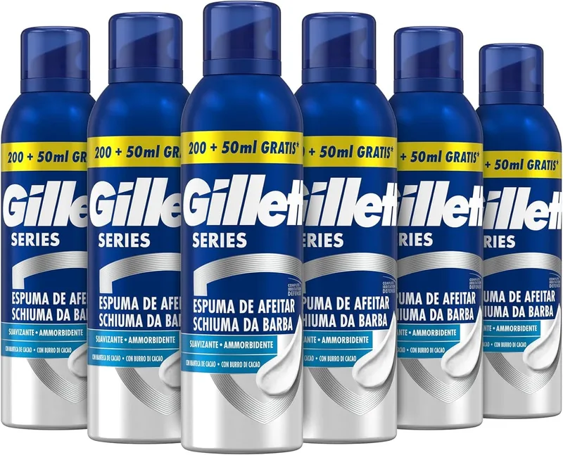 Gillette ▫️ Series Espuma de barbear suavizante com manteiga de cacau, proteção total contra a irritação, para máquinas de barbear masculinas, 250 ml x 6
