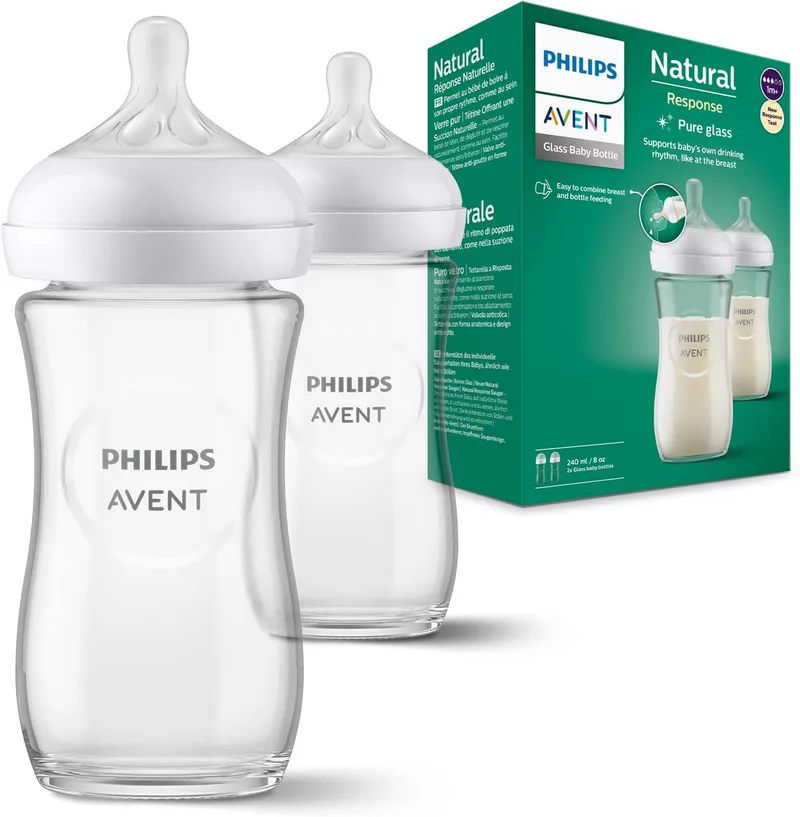 Philips ▫️ Biberão de vidro Avent Natural Response - 2 biberões de 240 ml sem BPA para recém-nascidos dos 3 aos 6 meses (modelo SCY933/02)