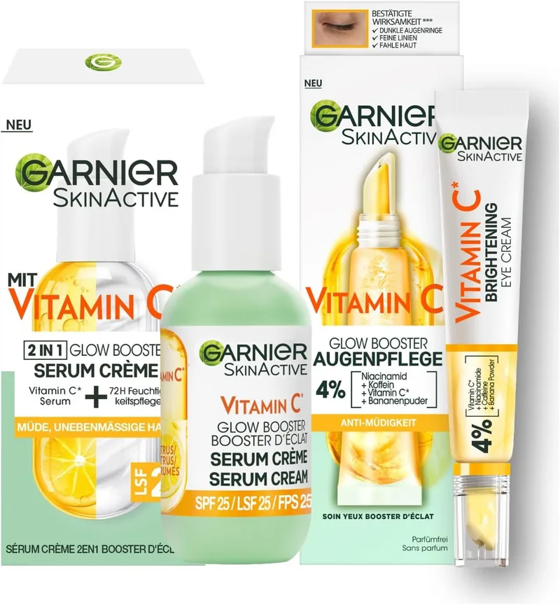 Garnier ▫️ Vitamin C Glow Booster Set com Anti-Medicine Anti-Aging e Serum Crème, Para uma pele suave e uniforme e para a redução das condições da pele, SkinActive, 2 partes