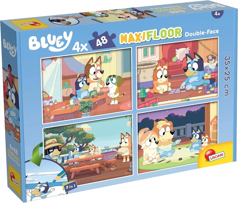 Liscianigiochi ▫️ Lisciani - Puzzle Bluey - 4 puzzles de 48 peças - Jogo criativo - Conjunto de puzzles - Várias personagens - Dupla face - 2 em 1 - Quebra-cabeças e para colorir - 35 x 25 cm - Para crianças a partir dos 4 anos