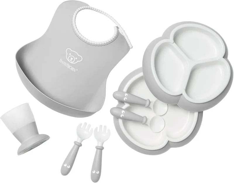 BabyBjörn ▫️ Conjunto completo de louça com babete, 8 peças, cinzento