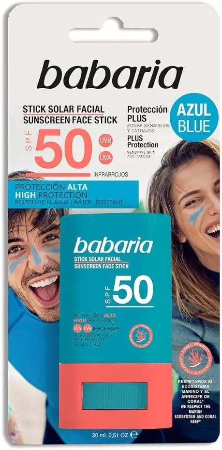 Babaria ▫️ Stick Solar Facial Azul FPS 50+ 20 g – Surf Stick Resistente à Água - Protetor Solar em Barra para Zonas Sensíveis, Tatuagens e Desportos Aquáticos