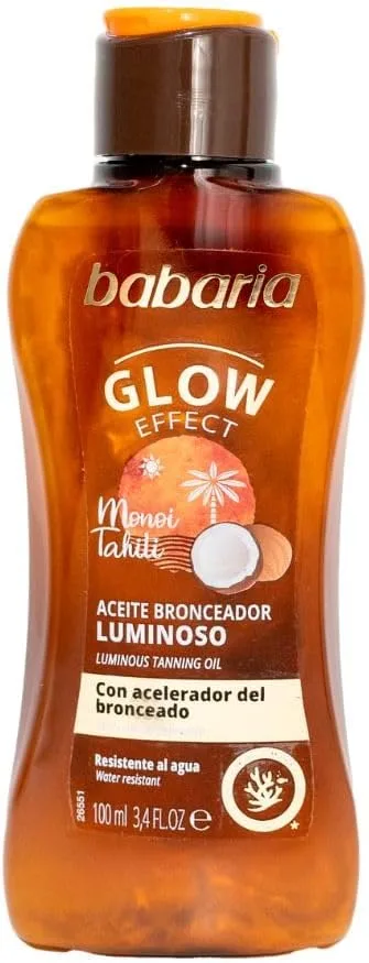 Babaria ▫️ Glow Óleo Bronzeador Luminoso com Monoï do Taiti e Coco – Efeito Dourado e Brilho | Acelerador de Bronzado com Aloe Vera e Vitamina E