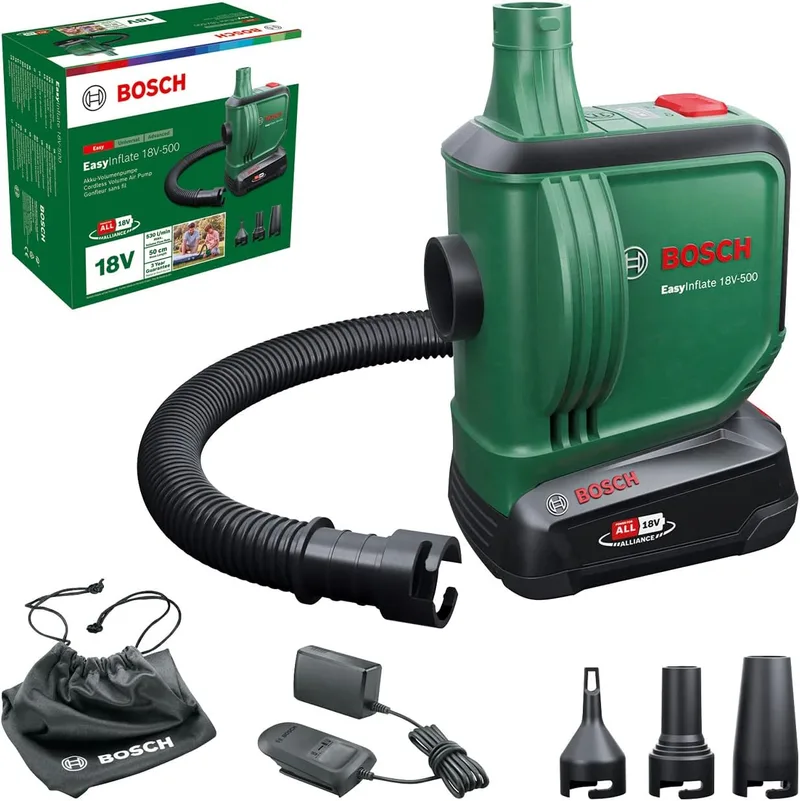 Bosch ▫️ Bomba de ar a bateria /bomba de ar para colchões insufláveis EasyInflate 18 V-500 (1 bateria de 2,0 Ah; sistema de 18 V; para encher ou esvaziar camas, piscinas ou brinquedos insufláveis; em caixa)