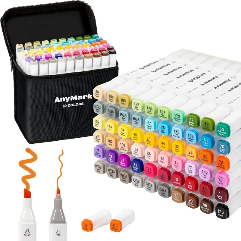 AnyMark ▫️ Canetas de álcool 60 cores, com duas pontas (biselada e fina), para adultos: esboços, banda desenhada, colorir, corpo branco