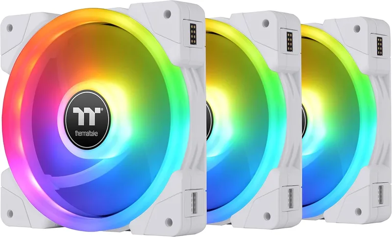 Thermaltake ▫️ Ventoinha de arrefecimento para PC SWAFAN EX 12 RGB, branca, 3 unidades, 500~2000 RPM, ligação magnética, lâminas reversíveis, controlador incluído, CL-F161-PL12SW-A