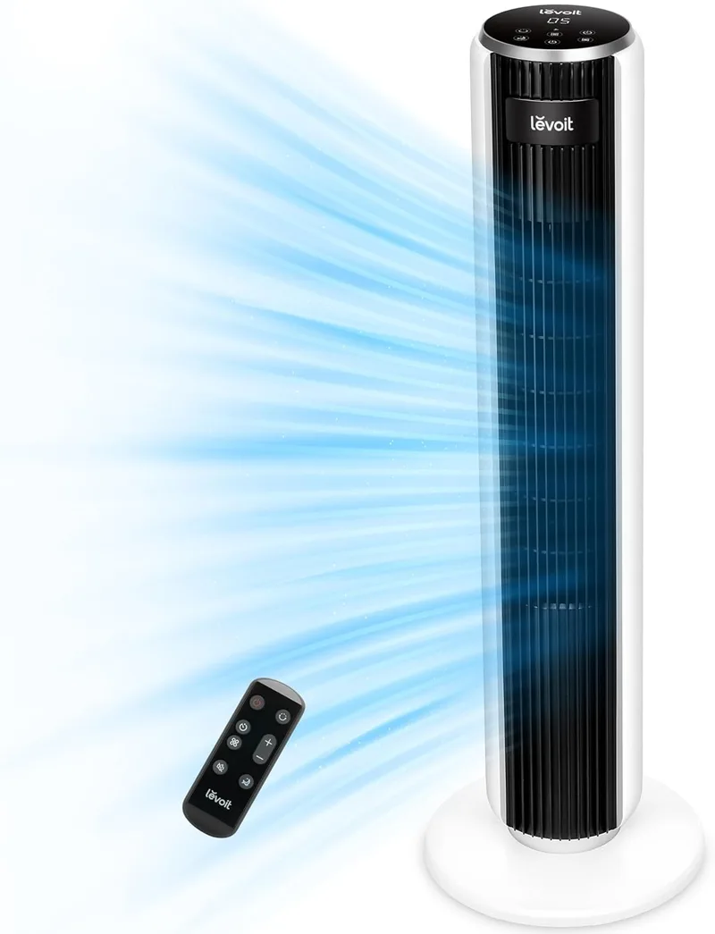 LEVOIT ▫️ Ventilador de torre com controlo remoto, ventilador silencioso 28dB e 39W, oscilação 90° com 7m/s, 4 modos 5 velocidades, temporizador de 12 horas, fácil de montar para o quarto