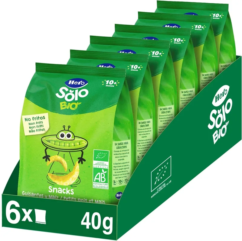 Solo ▫️ Hero - Snack de Ervilha e Milho, 100% ECO, ORGÂNICO, com Ingredientes Biológicos e da UE, Não Frito, Indicado para Bebés a partir dos 10 Meses - Embalagem de 6 x 40 g
