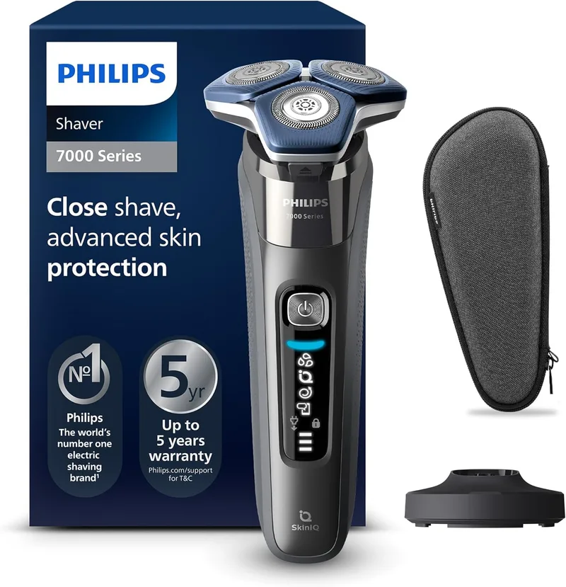 Philips ▫️ Máquina de barbear eléctrica para homem da série 7000 aparador de barba, 45 lâminas, para peles sensíveis, 60 minutos de utilização, húmida e seca, recarregável, carregador de base, S7887/35, cinzento