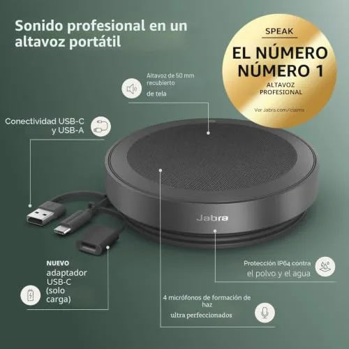 Jabra ▫️ Speak2 75 Altifalante sem fios Bluetooth para o trabalho, 4 microfones com cancelamento de ruído, altifalantes de 65 mm, nova função de ligação, USB-A e USB-C, Microsoft Teams, cinzento escuro 3