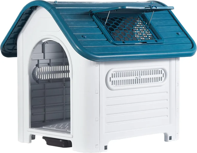 Lanco ▫️ Casota para cães de tamanho médio com teto solar ajustável e WC. Para uso no interior e no exterior, com aberturas de ventilação. Material resistente. 87 x 72 x 75 cm. Azul e branco.