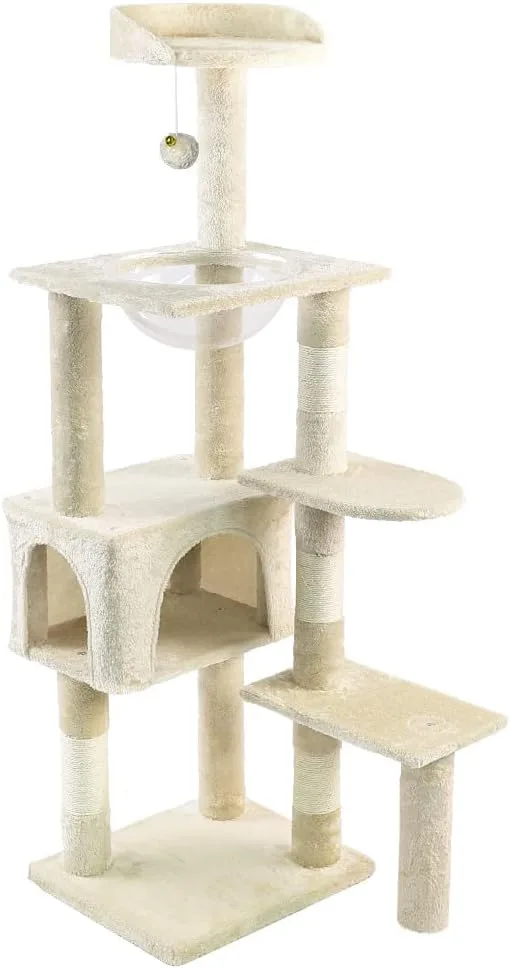 VOUNOT ▫️ ® Árvore para gatos, poste de arranhar estável com ninho, plataformas, cápsula espacial e bola para gatos, 138 cm, bege