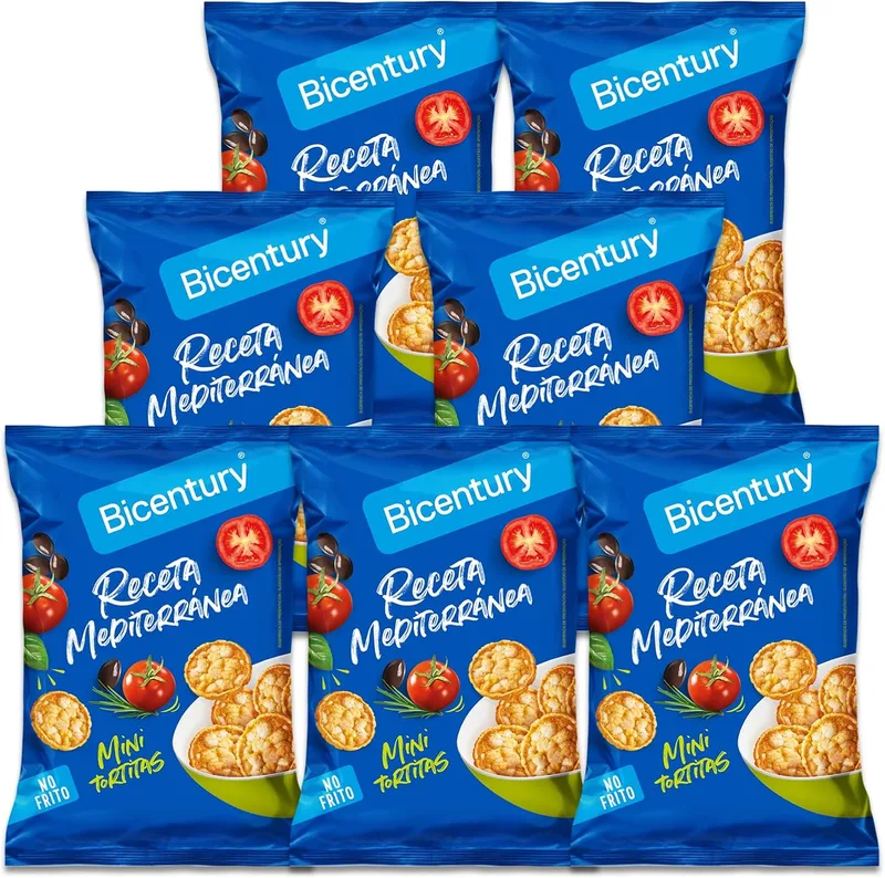 Bicentury ▫️ Mini Panquecas de Cereais – Receita Mediterrânica – Snack de Aperitivo Não Frito, à Base de Milho e Arroz, com Sabor a Tomate e Azeitona (7 unidades)