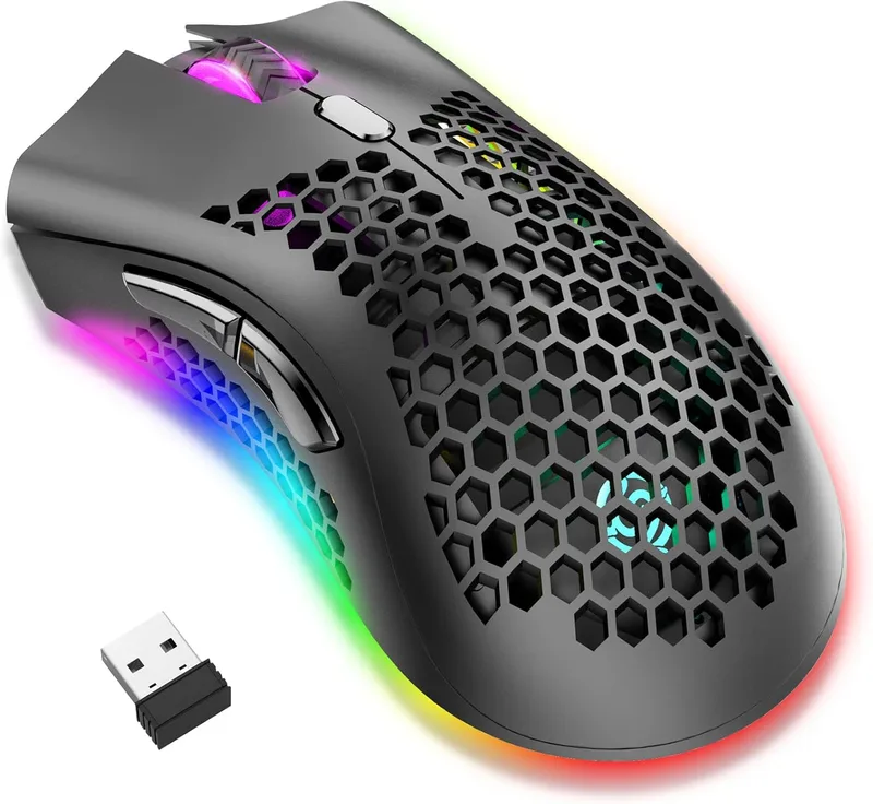 JYCSTE ▫️ Bluetooth Gaming Mouse, rato em forma de favo de mel com retroiluminação RGB, DPI ajustável, Bluetooth 2.4G, sem fios, recarregável, ergonómico, sensor ótico (modo duplo)