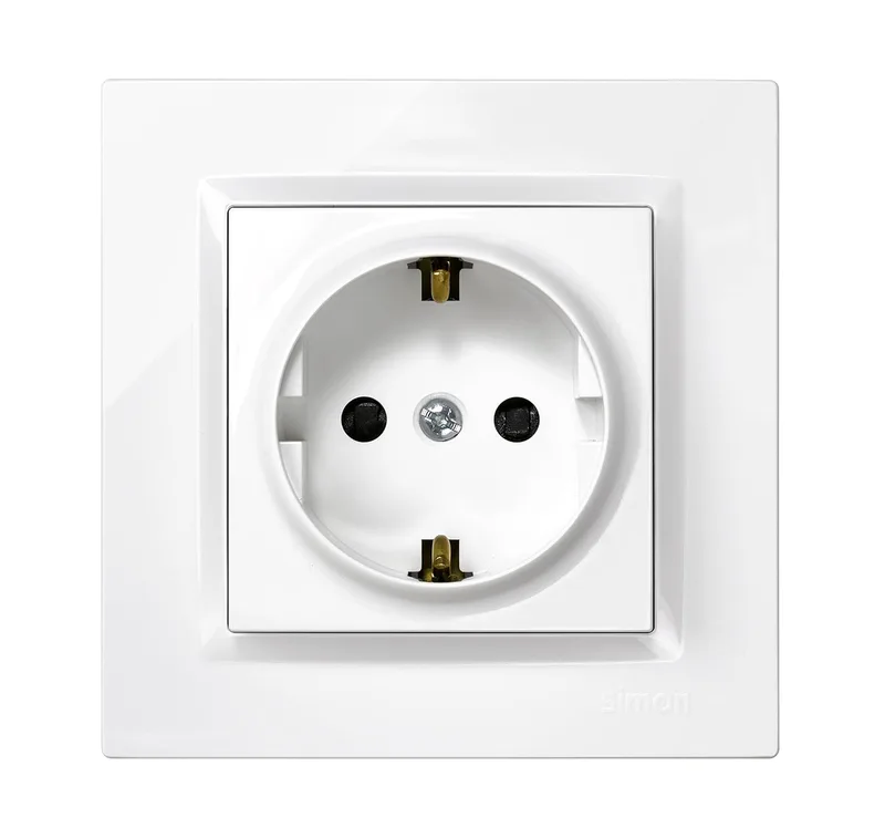 Simon ▫️ Tomada Schuko para encastrar, Série 10, 250 V, 16 A, tomada de parede plana e fina, fácil de instalar, inclui moldura, tampa e mecanismo, base da tomada fêmea na cor branca
