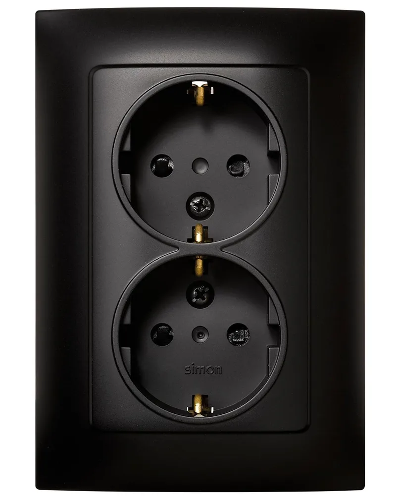 Simon ▫️ Tomada de embutir Schuko dupla, série 10, 250 V, 16 A, tomada de parede plana e fina, fácil de instalar, inclui moldura, tampa e mecanismo, base de tomada fêmea preta