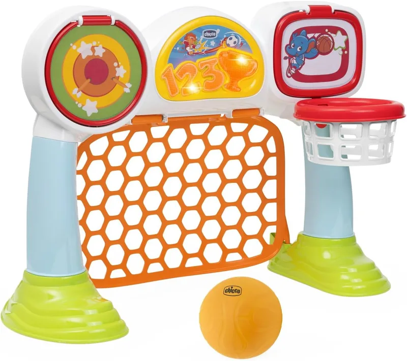 Chicco Multisport League Game, jogo eletrónico interativo, cesto, painel de avaliação com luzes e sons, 3 modos de jogo, bola de plástico macia incluída, brinquedos para crianças dos 2 aos 5 anos de idade