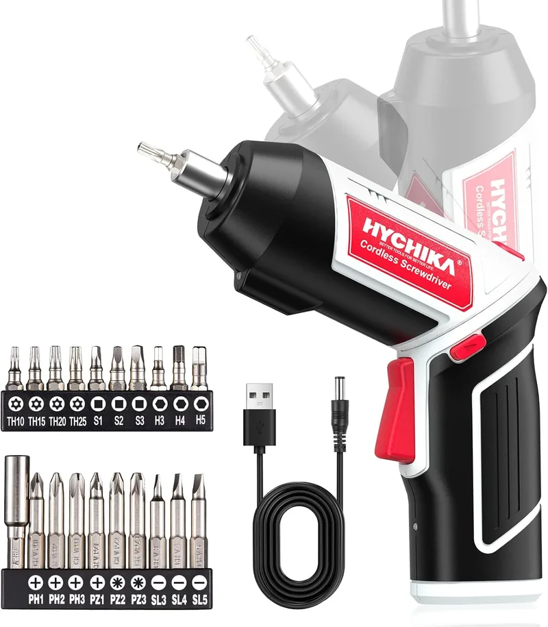 HYCHIKA BETTER TOOLS FOR BETTER LIFE ▫️ Chave de fendas elétrica HYCHIKA 6 Nm, bateria de 3,6 V e 2,0 Ah, luz LED, cabo de carregamento tipo C, 20 acessórios, para reparações domésticas
