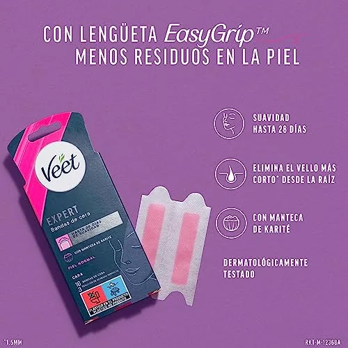 Veet ▫️ Expert - Tiras de cera fria para depilação facial, adequadas para o lábio superior (bigode), com manteiga de karité, 16 tiras 2