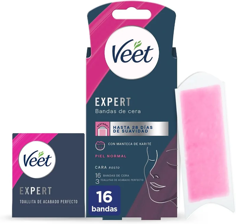 Veet ▫️ Expert - Tiras de cera fria para depilação facial, adequadas para o lábio superior (bigode), com manteiga de karité, 16 tiras