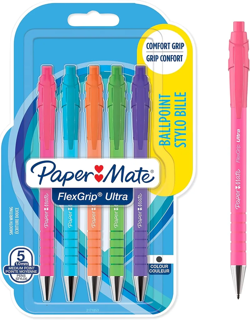 Paper Mate ▫️ Canetas retráteis Flexgrip Ultra | ponta média (1,0 mm) | tinta preta | cores vivas | embalagem de 5 unidades