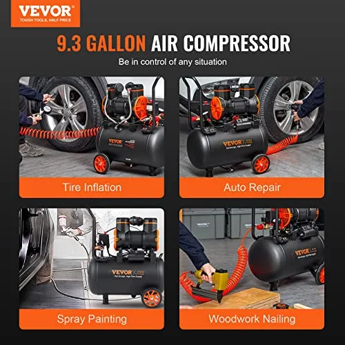 VEVOR ▫️ Compressor de ar silencioso de 35 L, compressor de ar sem óleo, 1800 W, 2,5 CV, pressão máxima de 3,5 MPa, motor sem óleo, 70 dB, para reparação automóvel, enchimento de pneus e pintura com pistola 2