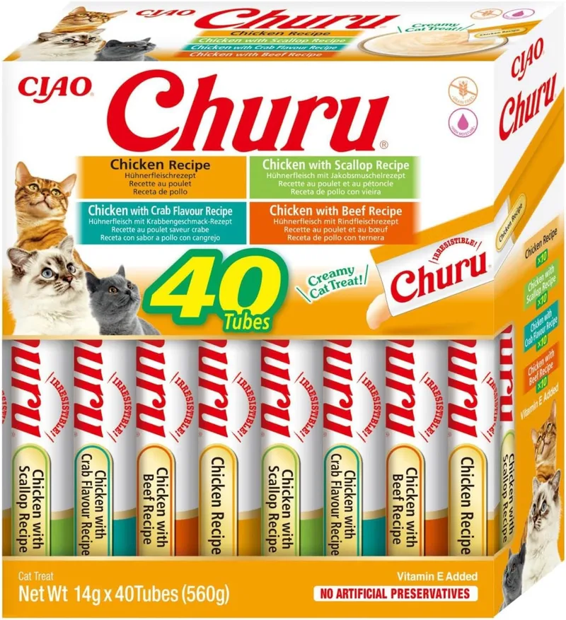 INABA ▫️ Churu - Puré de Frango 4 Sabores - Petiscos Deliciosos - Textura Suave e Cremosa - Alimento para Gatos - 40 Tubos x 14g