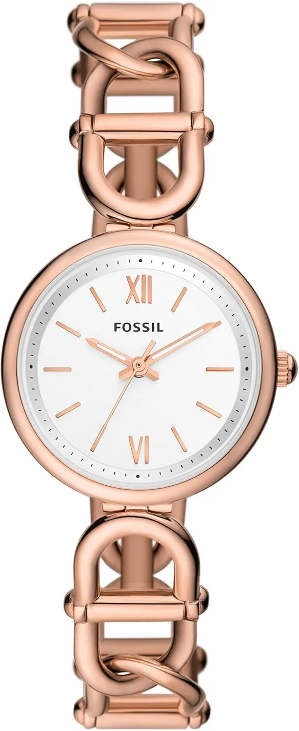 Fossil ▫️ Relógio Carlie para mulher, movimento de quartzo com três ponteiros em tom de ouro rosa e bracelete em aço inoxidável