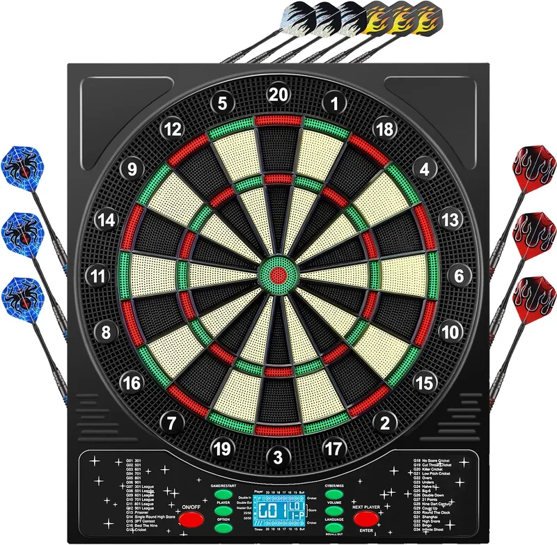 Mejasg ▫️ Alvo eletrónico com voz em alemão e ecrã LCD, sistema eletrónico com 12 setas, 34 jogos e 355 variações, alvo eletrónico inovador para 1 a 8 jogadores, preto, vermelho, verde e bege, 46 × 52 × 2,6 cm