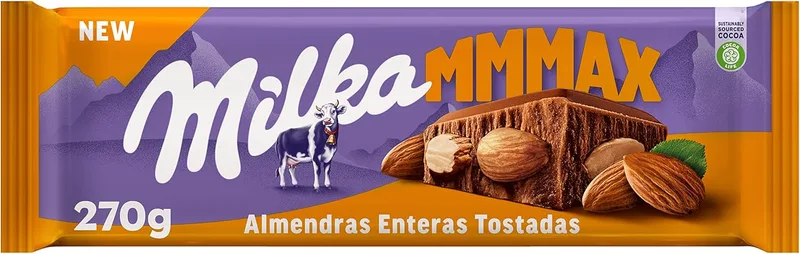 Milka ▫️ MMMAX Tablete grande de chocolate de leite alpino com amêndoas torradas inteiras, 270 g
