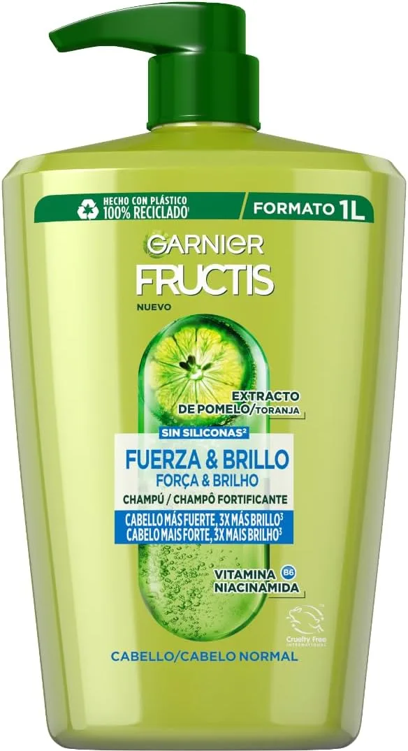 Garnier ▫️ Fructis Champô Força e Brilho XXL com Vitamina B6, Niacinamida e Extrato de Toranja para um cabelo mais forte e brilhante, 1000 ml