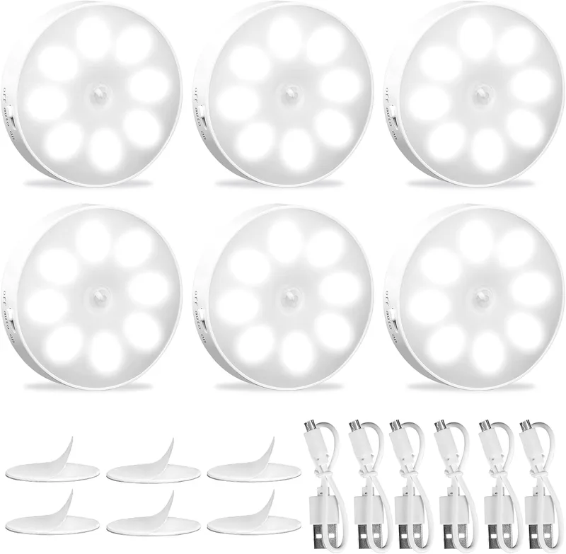 KEWUZY ▫️ Luz nocturna com sensor de movimento recarregável USB de 6 unidades para roupeiro, 8 LED, 3 modos (automático/ligado/desligado) para roupeiro, corredor, escada, cave, garagem (branco frio)