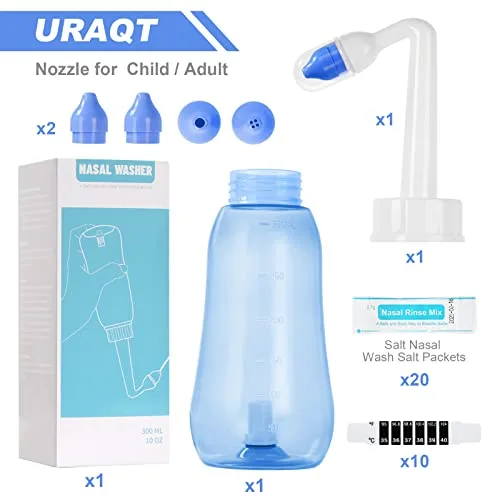URAQT ▫️ Lavagem Nasal para Adultos, Irrigador Nasal de 300 ml com 2 bicos, Neti Pot com sal nasal e termómetro autocolante, Limpador Nasal para Crianças e Adultos para o alívio da congestão nasal e limpeza nasal 2
