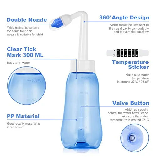 URAQT ▫️ Lavagem Nasal para Adultos, Irrigador Nasal de 300 ml com 2 bicos, Neti Pot com sal nasal e termómetro autocolante, Limpador Nasal para Crianças e Adultos para o alívio da congestão nasal e limpeza nasal 3