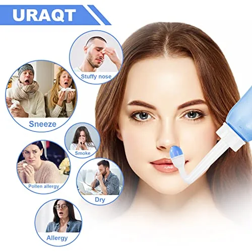 URAQT ▫️ Lavagem Nasal para Adultos, Irrigador Nasal de 300 ml com 2 bicos, Neti Pot com sal nasal e termómetro autocolante, Limpador Nasal para Crianças e Adultos para o alívio da congestão nasal e limpeza nasal 5
