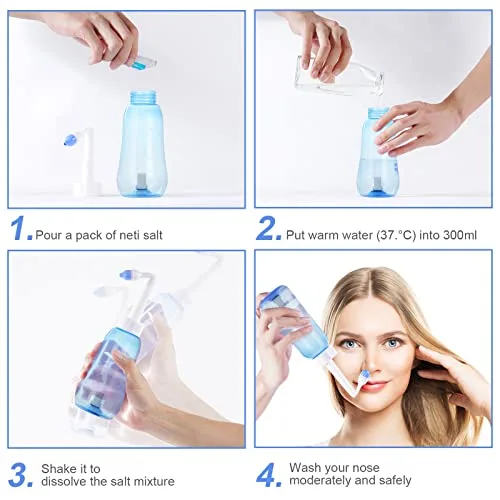 URAQT ▫️ Lavagem Nasal para Adultos, Irrigador Nasal de 300 ml com 2 bicos, Neti Pot com sal nasal e termómetro autocolante, Limpador Nasal para Crianças e Adultos para o alívio da congestão nasal e limpeza nasal 6