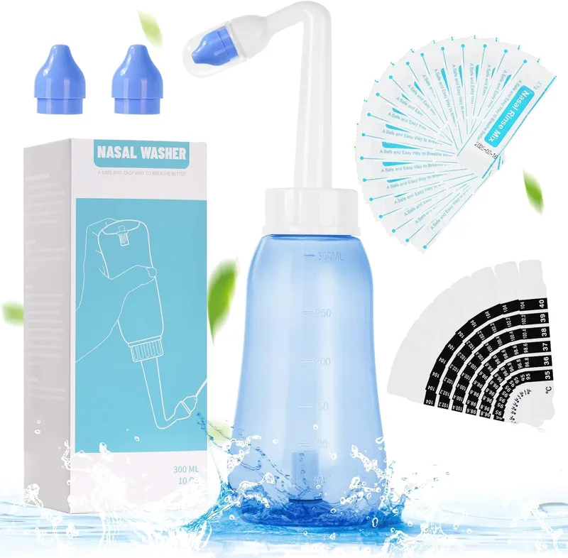 URAQT ▫️ Lavagem Nasal para Adultos, Irrigador Nasal de 300 ml com 2 bicos, Neti Pot com sal nasal e termómetro autocolante, Limpador Nasal para Crianças e Adultos para o alívio da congestão nasal e limpeza nasal